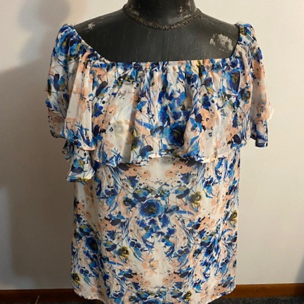 MOD Floral print, off the shoulder, ruffle top sleeveless blouse, size  Small
